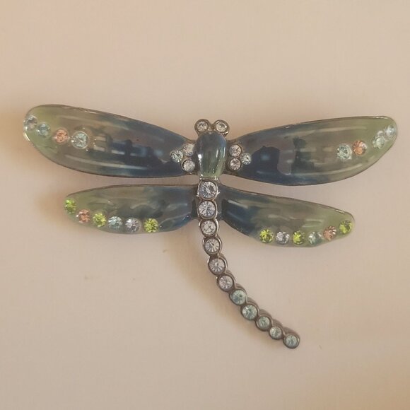 Vintage Liz Claiborne Dragonfly Brooch With Rhinestone Accents & Blue Enamel Win - Picture 2 of 5